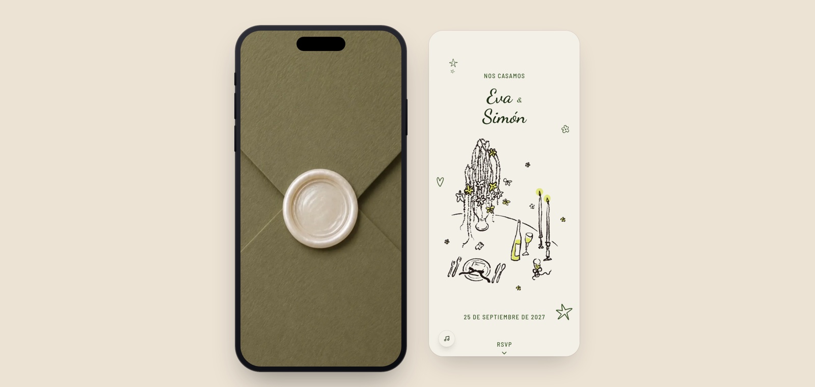 El sobre lacrado del diseño Whimsical en un móvil y, al lado, la portada ilustrada de la invitación de Eva y Simón