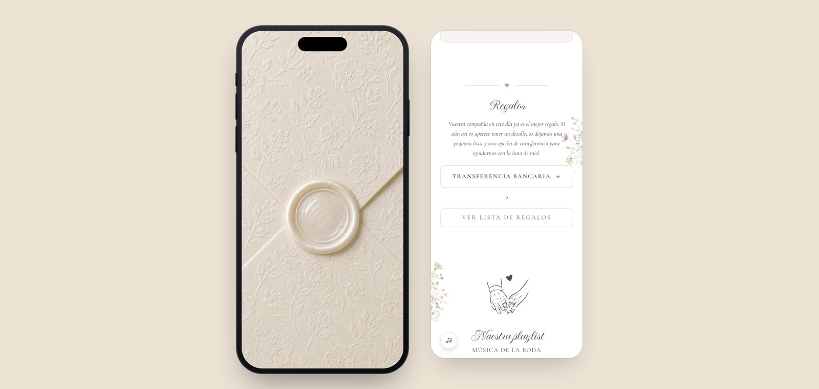 El sobre lacrado del tema Magnolia en la pantalla de un móvil y, al lado, la sección de regalos de la misma invitación, con la transferencia y el enlace a la lista